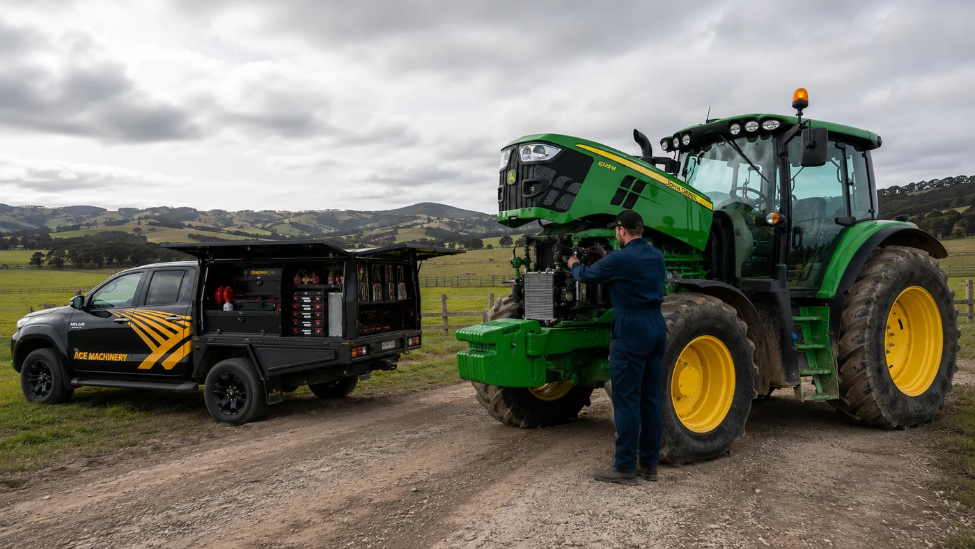 Ace Machinery technician servicing a John Deere 6125M tractor beside a mobile service ute