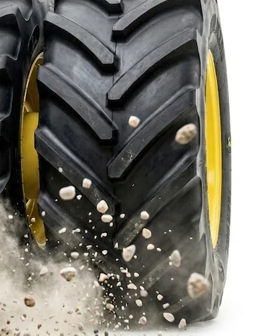 Close-up of heavy-duty tractor tyres in motion with dust and debris