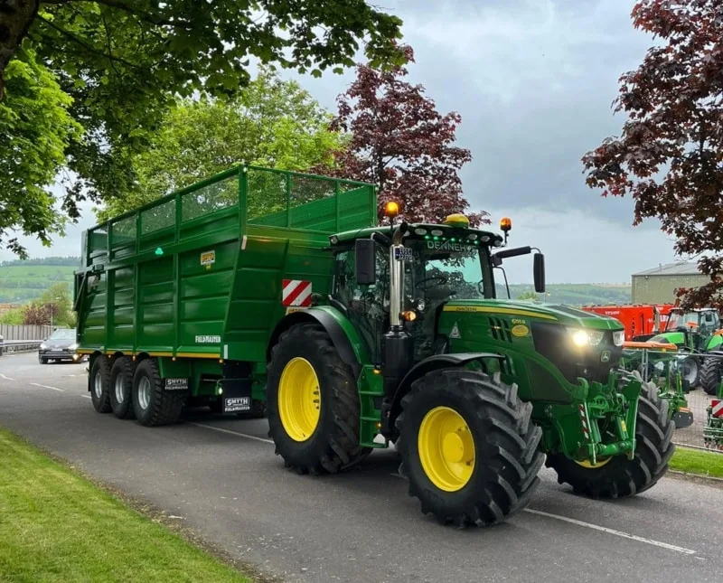 John Deere tractor towing a Smyth Fieldmaster tip trailer