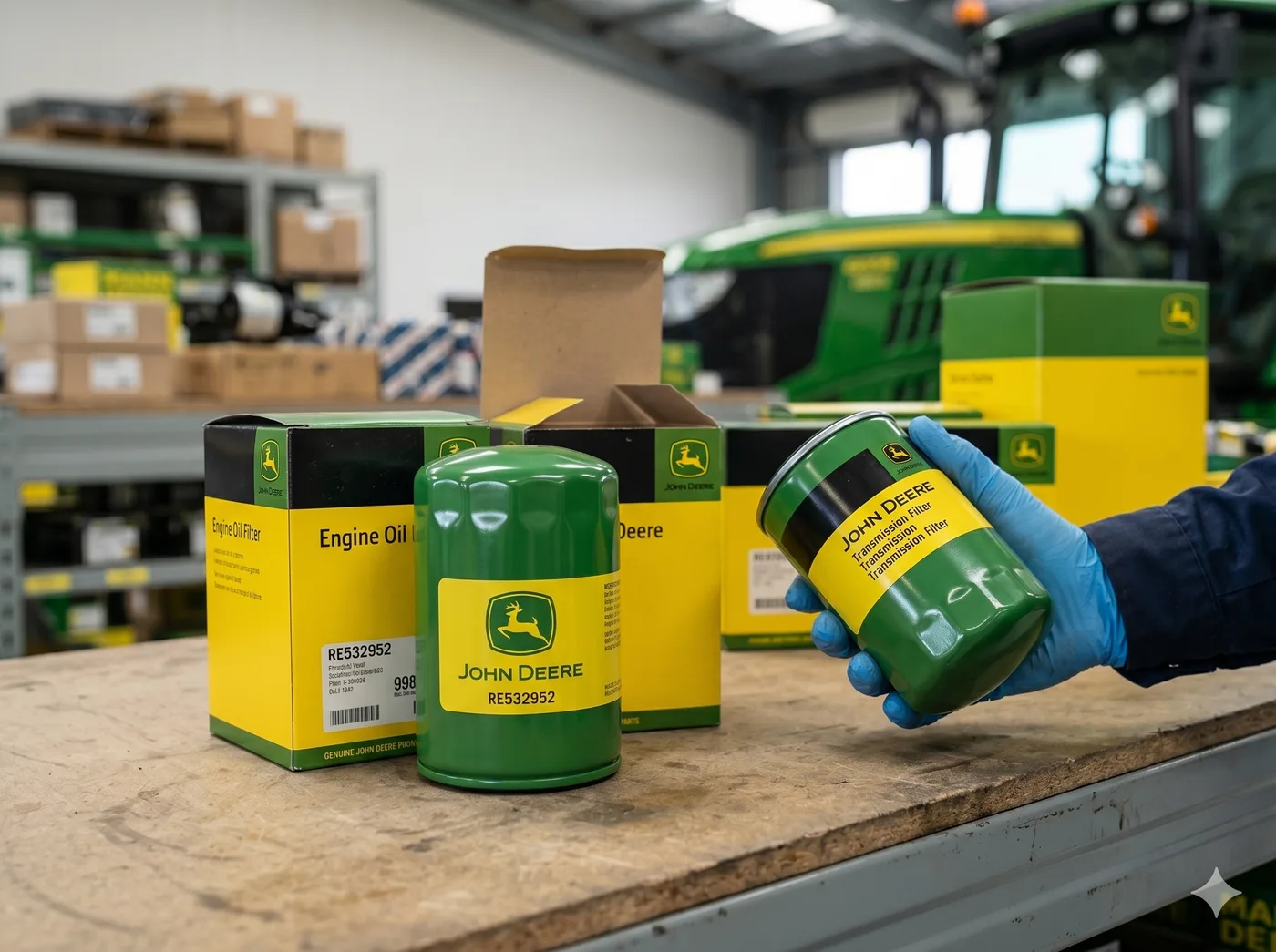 John Deere genuine parts packaging and labelled components