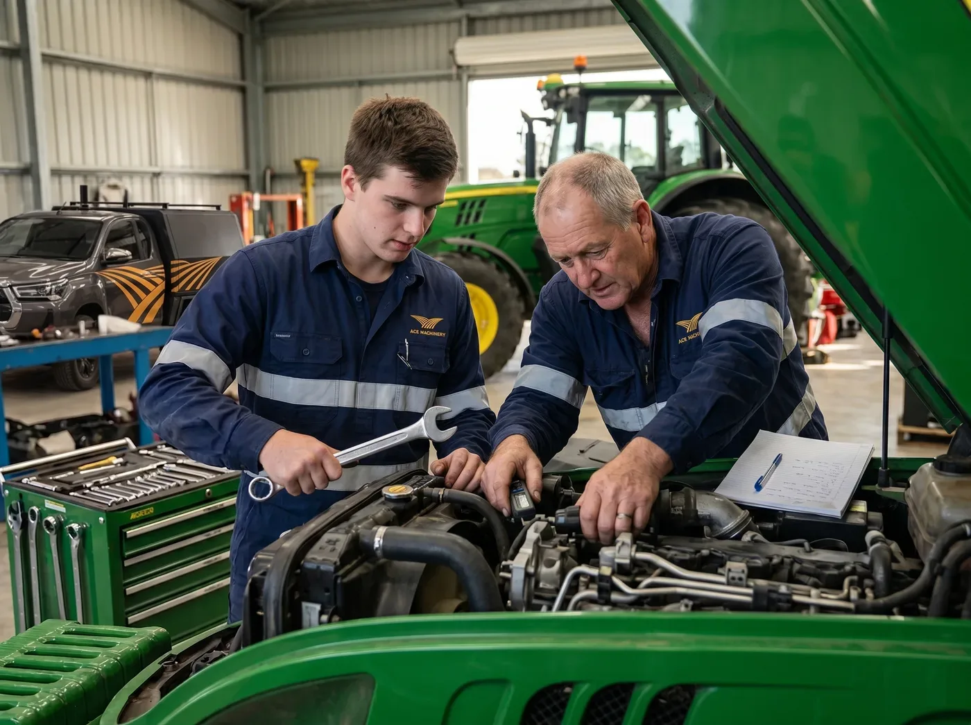 Ace Machinery technicians servicing a John Deere tractor in the workshop