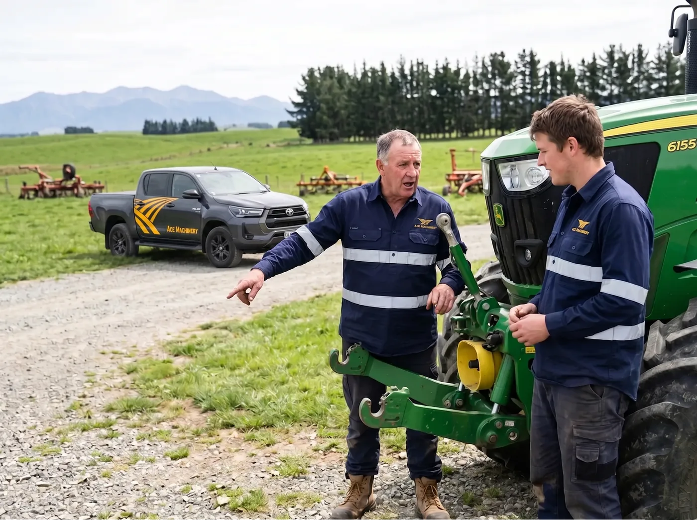 Two technicians discussing work beside a tractor on-farm