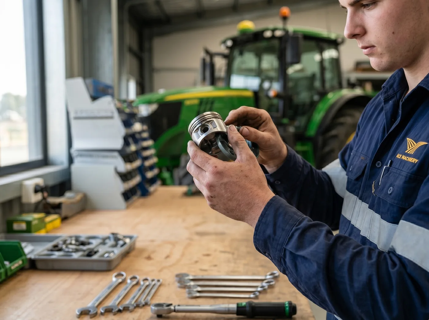 Technician inspecting machinery work closely in the workshop