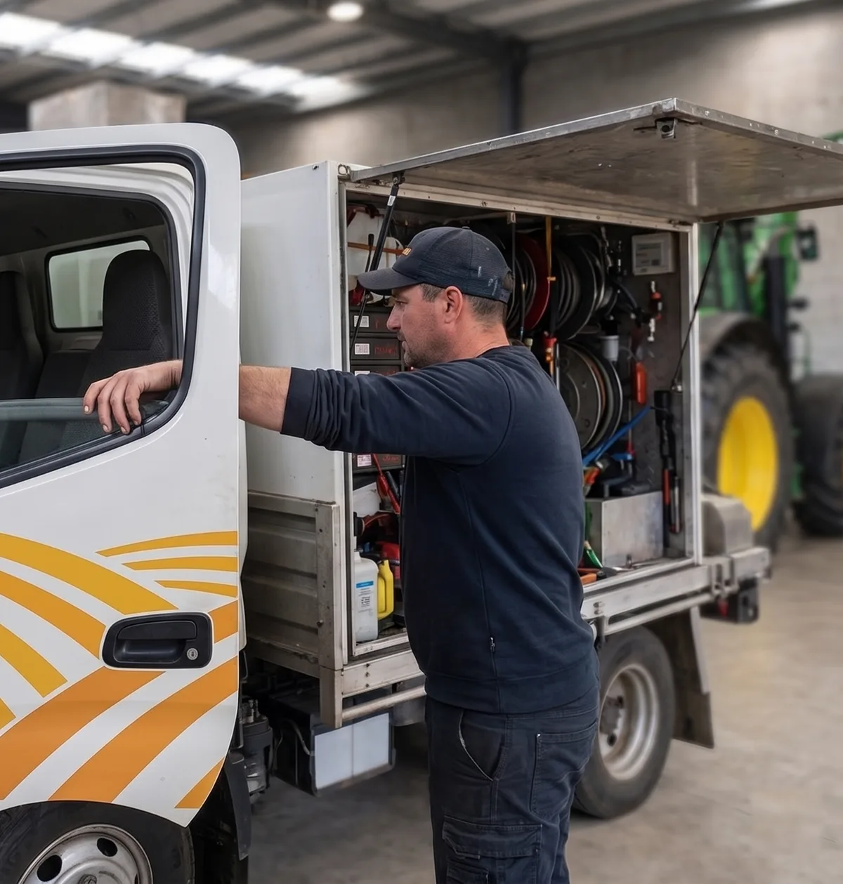 Ace Machinery technician beside a mobile service truck in the workshop