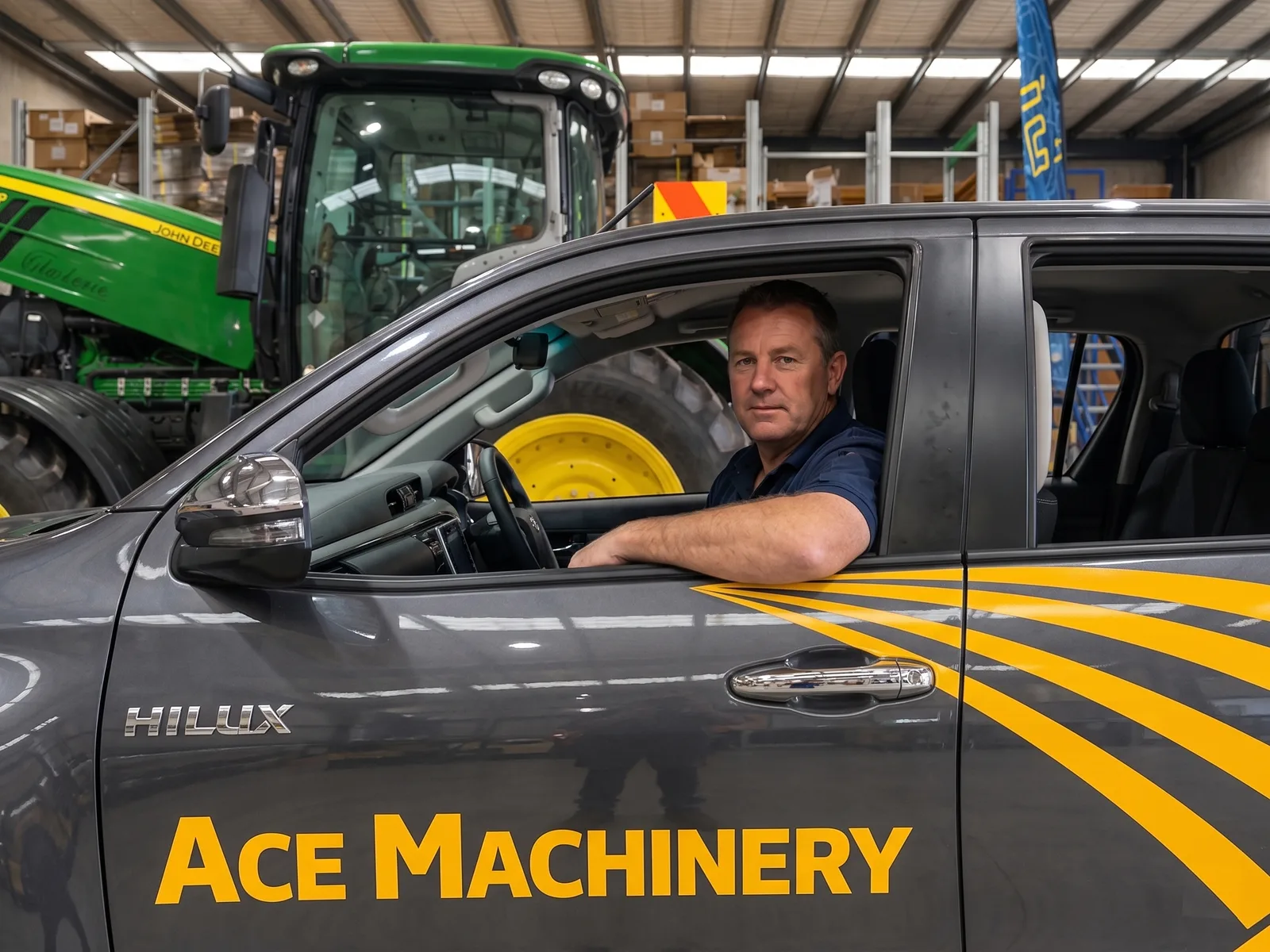 Ace Machinery team member in service vehicle inside workshop